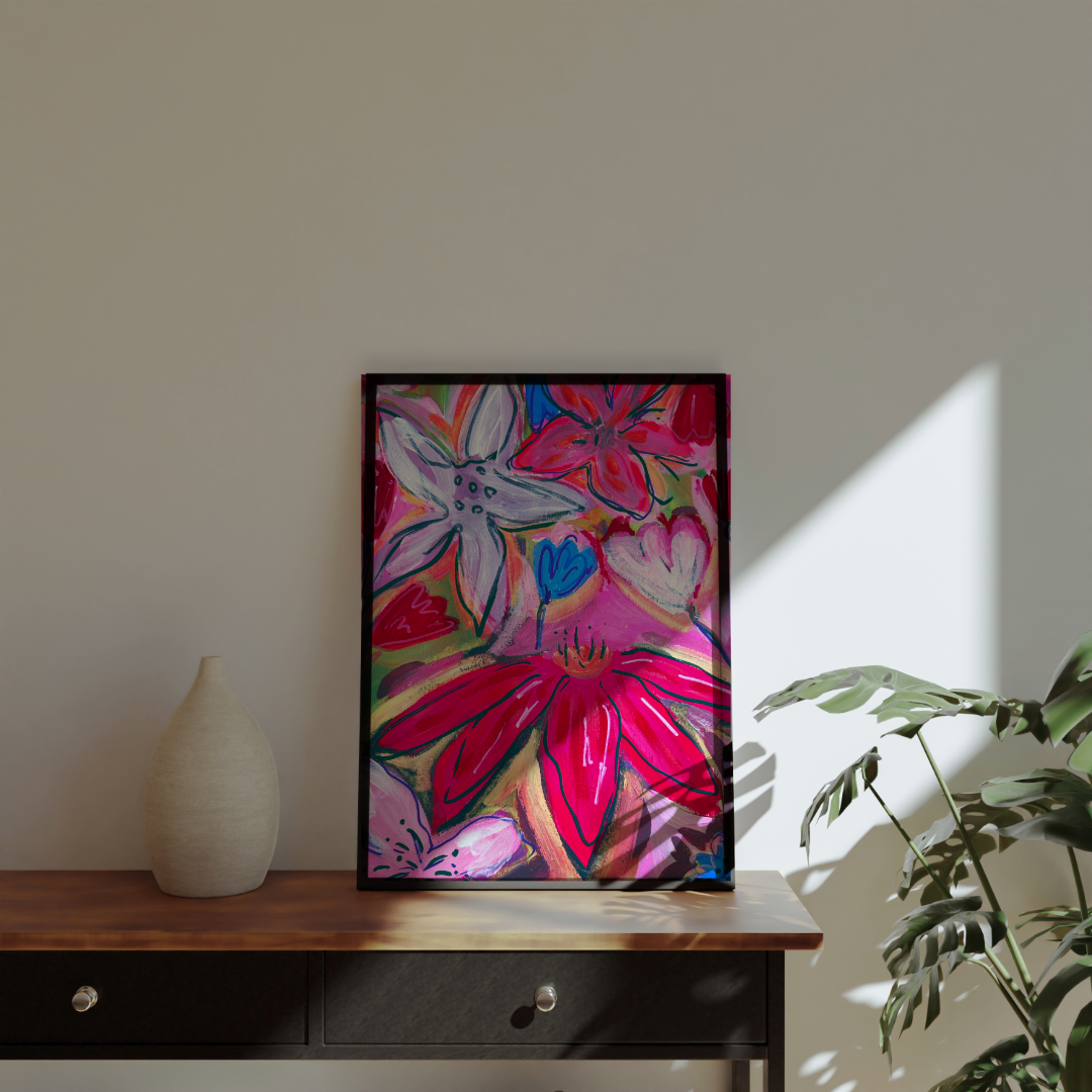 Coloruful floral painting on a wooden surface with a neutral background