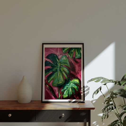 Painting of Monstera Plant in Burgundy and Green