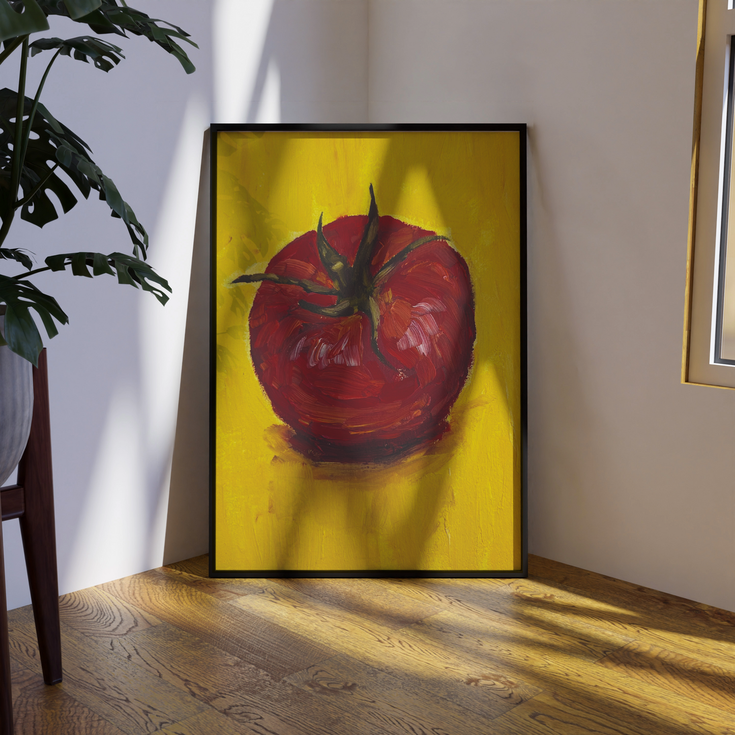Painting of a red tomato on a yellow background