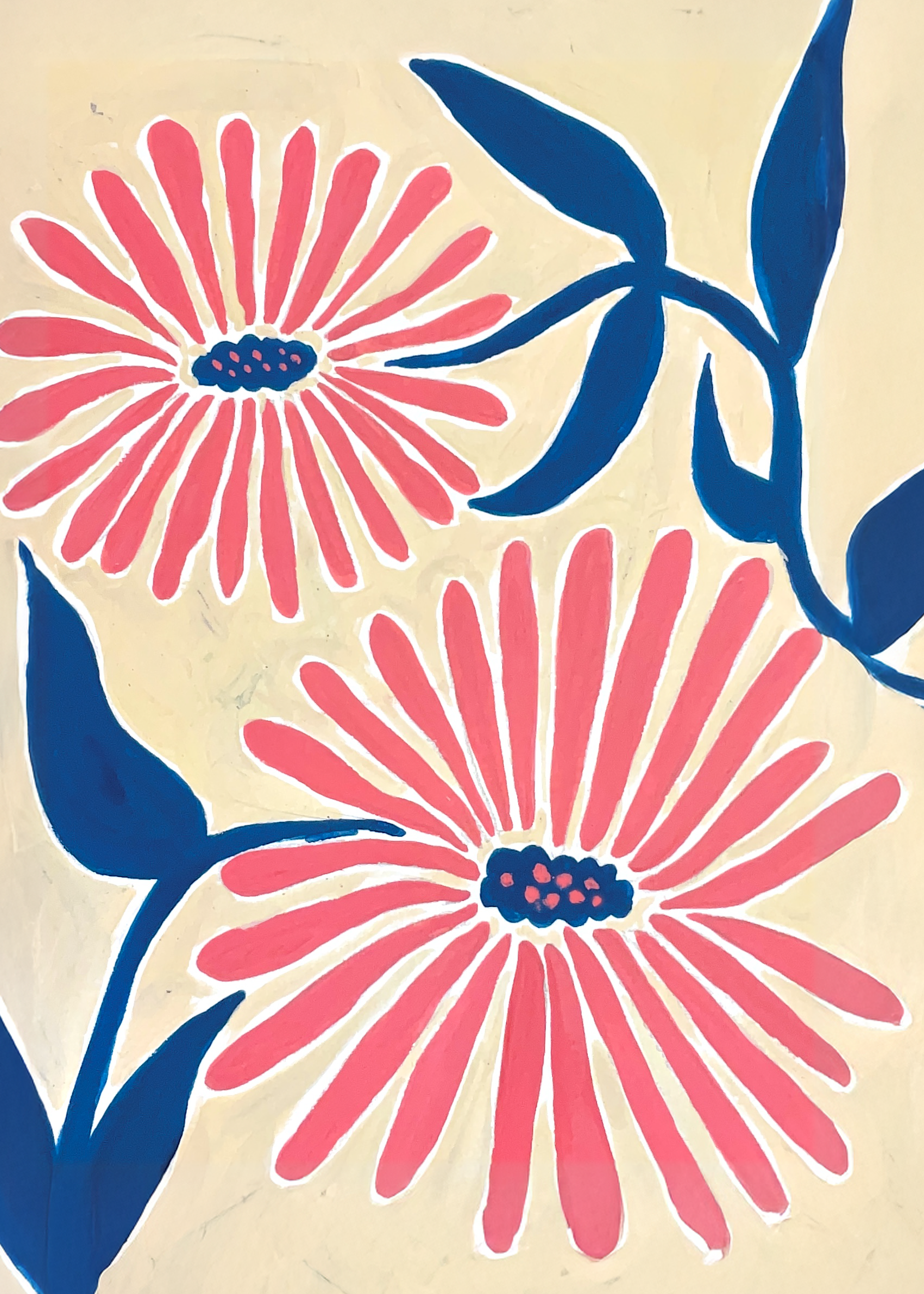 Two pink flowers with blue leaves on a beige background