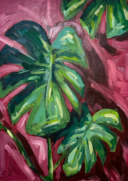 Painting of Monstera Plant in Burgundy and Green