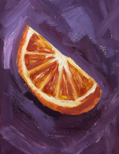 Painting of an orange slice on a purple background