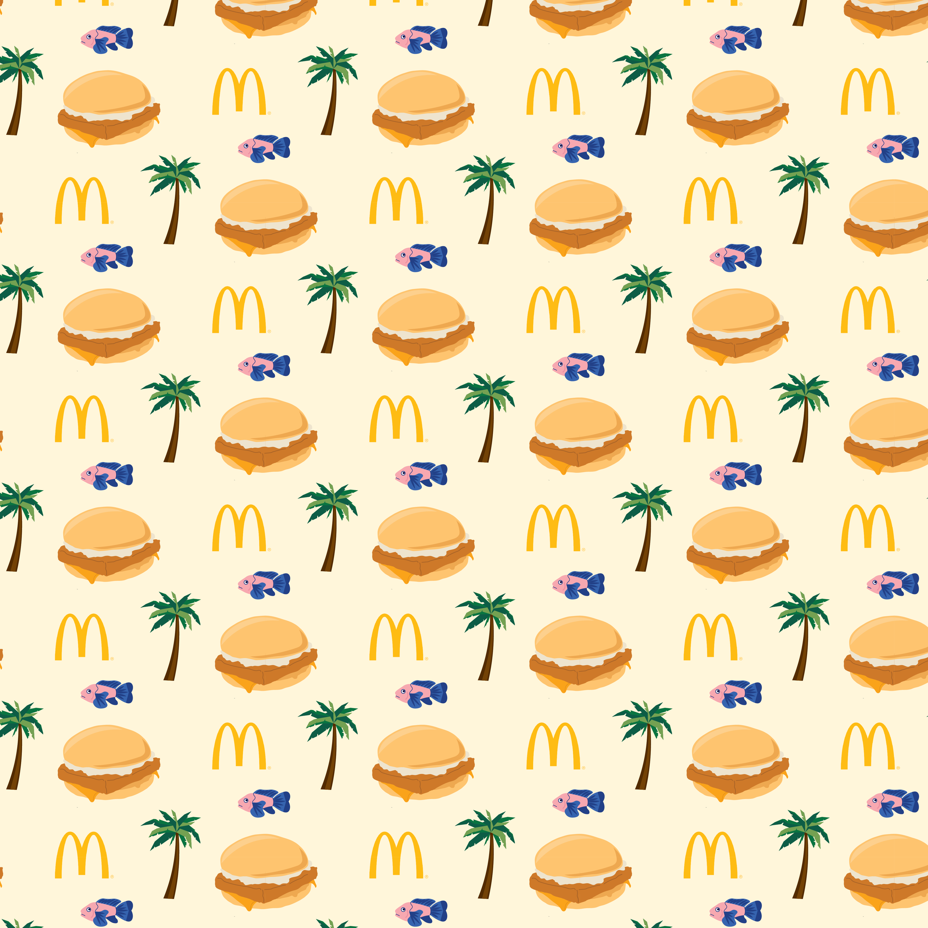Pattern of hamburgers, palm trees, and McDonald's logos on a beige background