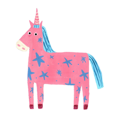 A whimsical hand-painted unicorn illustration in pink and blue, featuring a pink body with blue star patterns, a pink-and-white striped horn, and a blue mane and tail, isolated on a white background.
