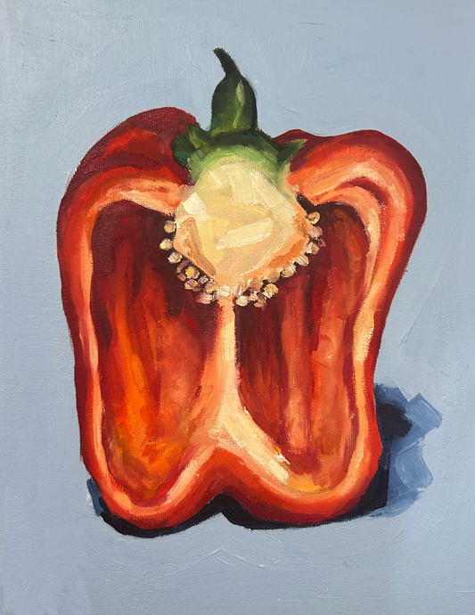 Painting of a red bell pepper cut in half on a light blue background
