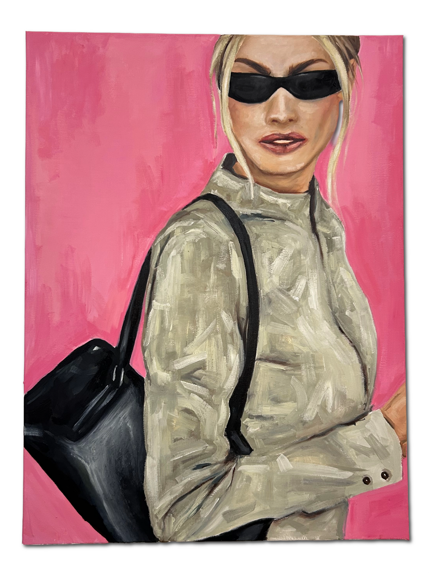 Artistic depiction of a person wearing sunglasses and a beige jacket against a pink background