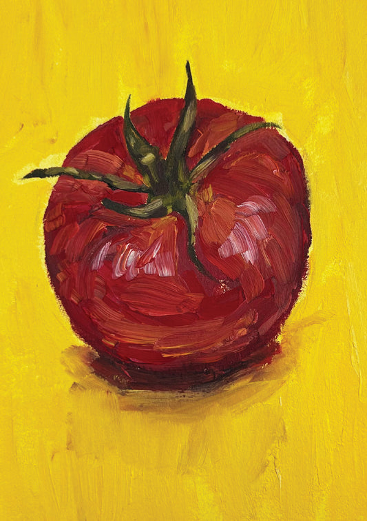 Painting of a red tomato on a yellow background