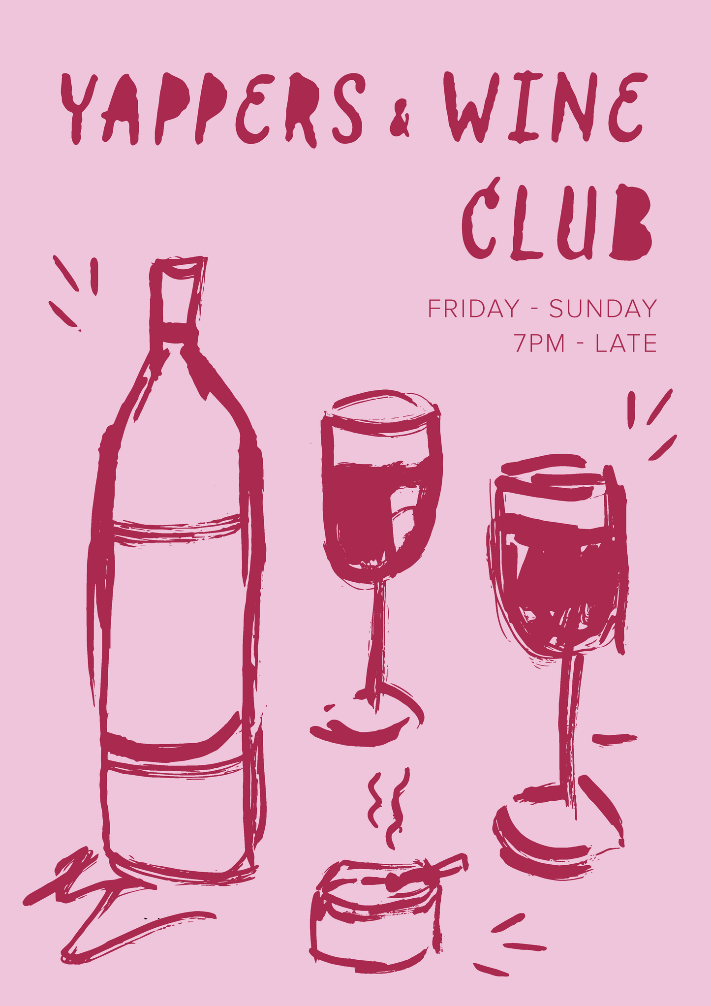 'Yappers & Wine Club' with wine bottle and glasses on a pink background.