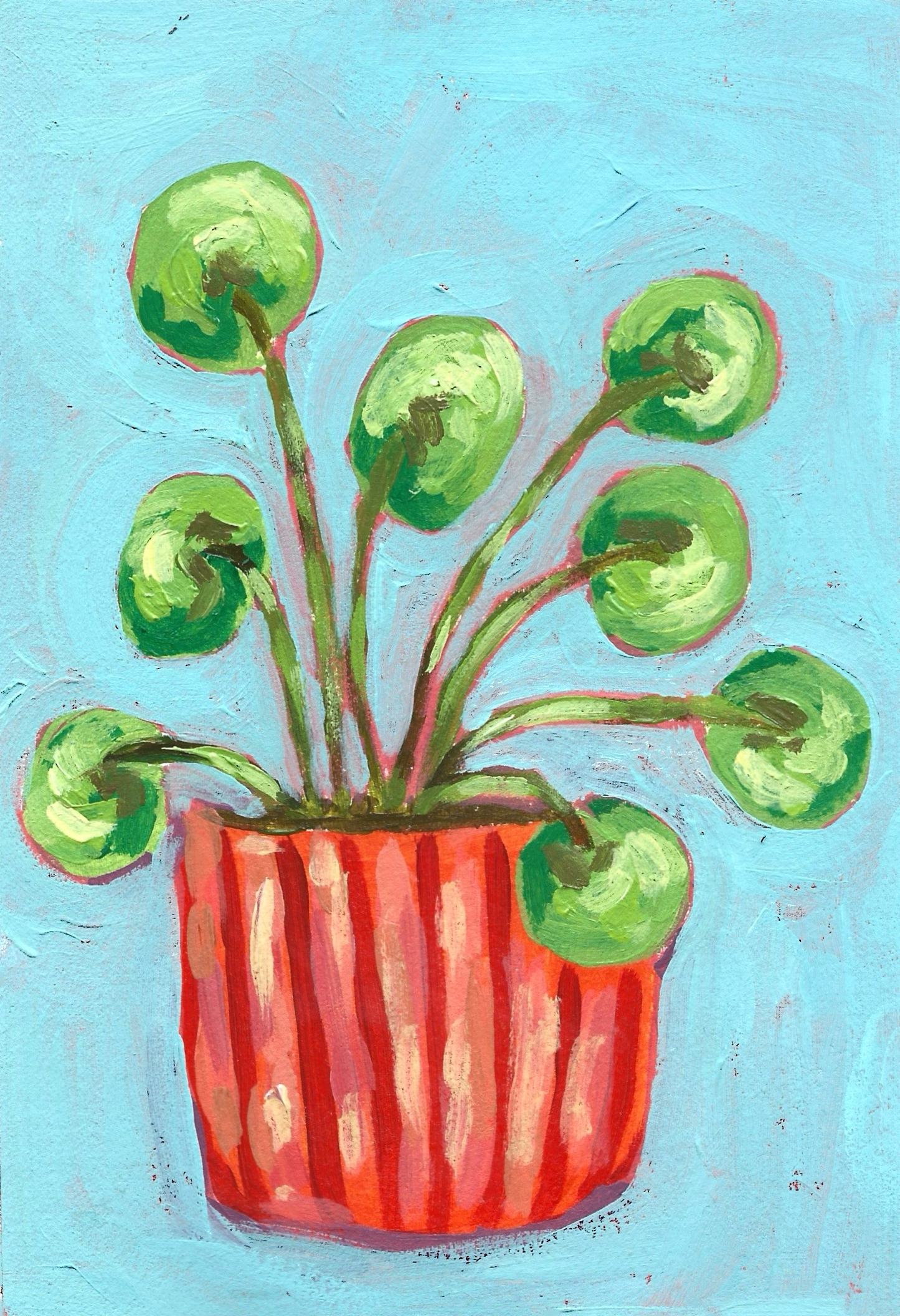 Illustration of a potted plant with green leaves and a red pot on a blue background